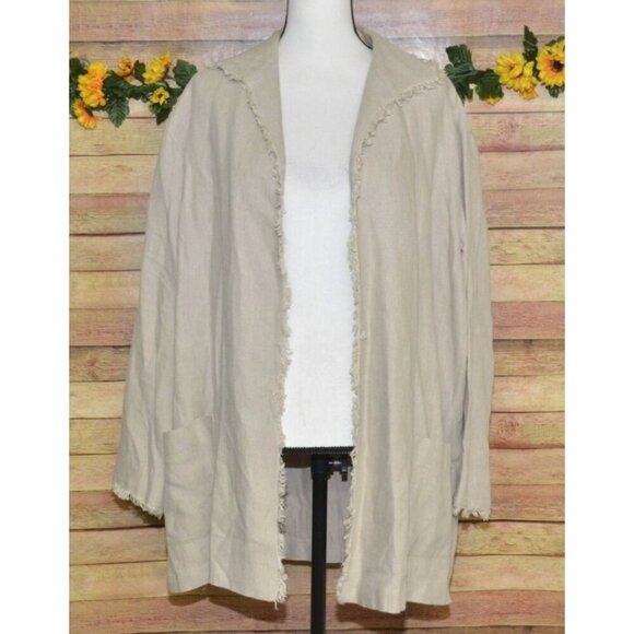 Vintage LAFAYETTE 148 100% Linen Open Front Jacket Size L Raw Trim Neutral Khaki - Picture 5 of 14